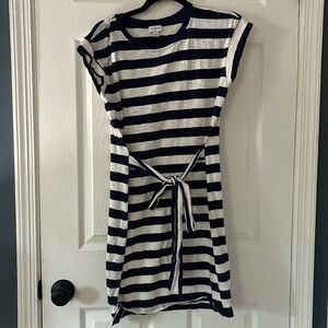 Navy and white striped cotton dress with tie